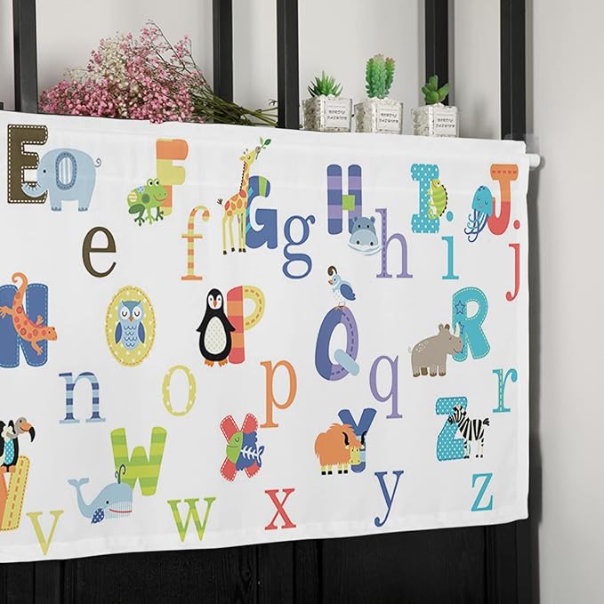 Vandarllin Cute Animals Alphabet for Kids Kitchen Curtains Valances for Windows Colorful Printed Rod Pocket Window Treatment for Kitchen/Living Room/Bedroom/Bathroom,60" X 18" -1 Panel,