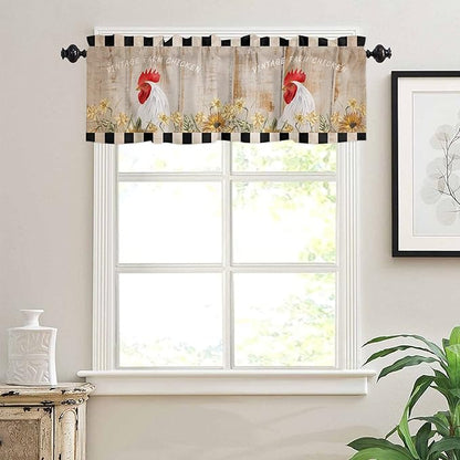 Valance Curtains for Kitchen Window, Sunflower Vintage Farm Chicken Rod Pocket Valances Window Treatments Black White Plaid Short Curtains for Bedroom/Living Room,54" X 18" -1 Panel,