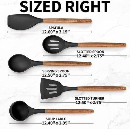 Zulay Kitchen Utensils Set Non-Stick Silicone Cooking Utensils Set with Authentic Acacia Wood Handles - 5 Piece Silicone Utensil Set - Silicone Kitchen Utensils Set with 464°F Heat Resistance - Black