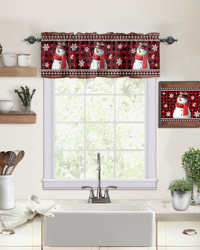 Vandarllin Christmas Kitchen Curtains Valances for Windows Funny Snowman Snowflake Rod Pocket Window Treatment for Kitchen/Living Room/Bedroom/Bathroom,60" X 18" -1 Panel, Red Farmhouse