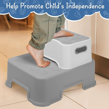 2 Step Stool for Kids and Toddler,Anti-Slip Sturdy Bathroom Toilet Step Stools,Double up Step Stool with Soft Grips,for Potty Training,Sink,Kitchen(Gray)