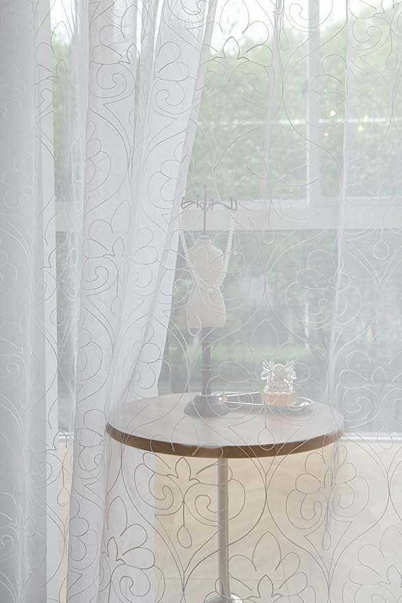 Windows Embroider-Figure Sheer White Curtains 84 Inches Length 2 Panels Voile Light Filtering Sheer Curtains Panel Basic Rod Pocket Sheer for Bedroom Living Room Children Room Kitchen Yard