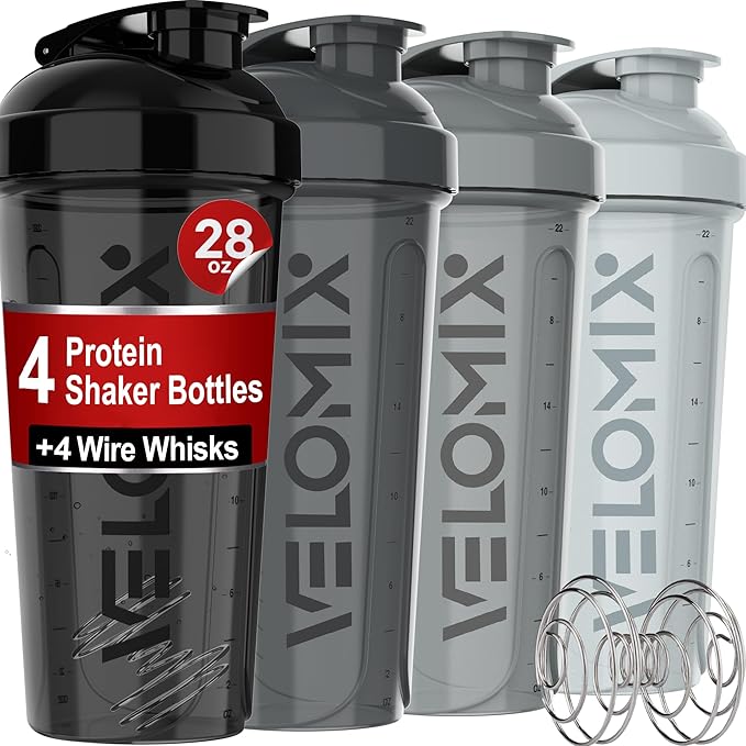 -4 PACK- 28 oz Protein Shaker Bottle for Protein Mixes - 4x Wire Whisk | Leak Proof Shaker Cups for Protein Shakes | Protein Shaker Bottle Pack | Protein Shake Cup