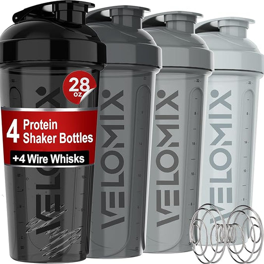 -4 PACK- 28 oz Protein Shaker Bottle for Protein Mixes - 4x Wire Whisk | Leak Proof Shaker Cups for Protein Shakes | Protein Shaker Bottle Pack | Protein Shake Cup