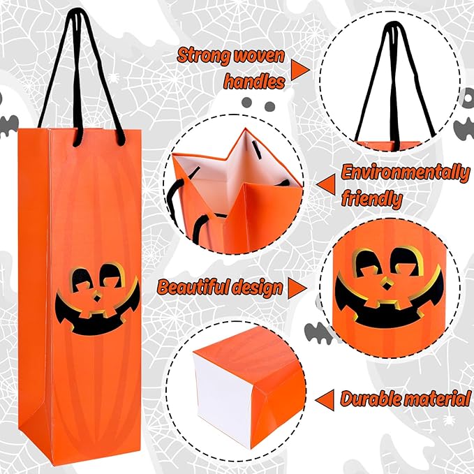 Whaline 16Pcs Fall Halloween Wine Gift Bags with Handle Paper Trick or Treat Single Bottle Wine Bags for Home Gifts Shopping Party Table Decorations