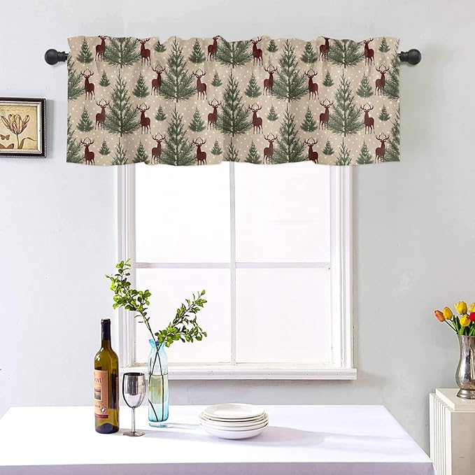 Vintage Christmas Window Valance for Kitchen Living Room, Retro Style Window Curtain for Bedroom Bathroom, Christmas Reindeer Window Valance Rod Pocket Window Treatment, Christmas Decor, 54" W x 18" L