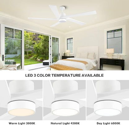 WINGBO 54" DC Ceiling Fan with Lights and Remote Control, 5 Carved Wood Blades, 6-Speed Reversible DC Motor, White Ceiling Fan for Bedroom Living Room Kitchen, ETL Listed