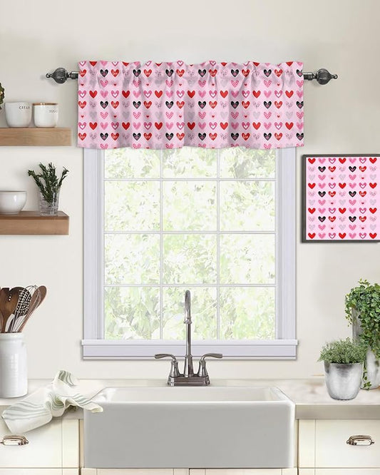 Vandarllin Valentines Day Valances Kitchen Curtains for Windows, Valentines Decor Rod Pocket Valances Red Pink Hearts Home Decorations Short Curtains for Bedroom/Living Room,54" X 18" -1 Panel