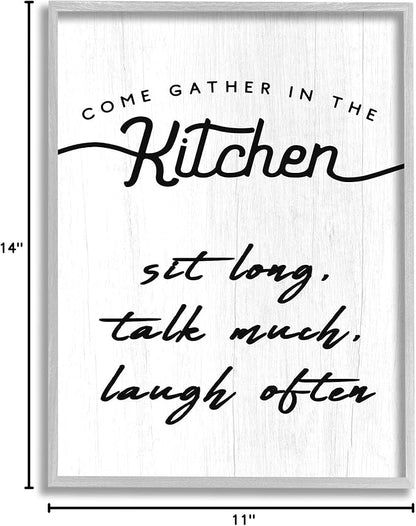 Stupell Industries Kitchen Gathering Sign Minimal Sit Talk Laugh Phrase, Designed by Daphne Polselli Gray Framed Wall Art, 11 x 14, Off- White