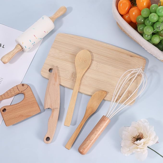 7 Pieces Wooden Kids Knife Toddler Knife Set Toddler Cutting Board And Knife Set for Real Cooking Montessori Kitchen Tools for Toddlers for Cutting Veggies Fruits Salad Cake