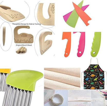 7 Piece Wooden Kids Kitchen Knife Set Children's Cooking Safety Plastic Knife Potato Wavy Chopper Cutter Kids Fruit Baking Knife Toddler Kitchen Tools Kids Apron, Children's Day Gift