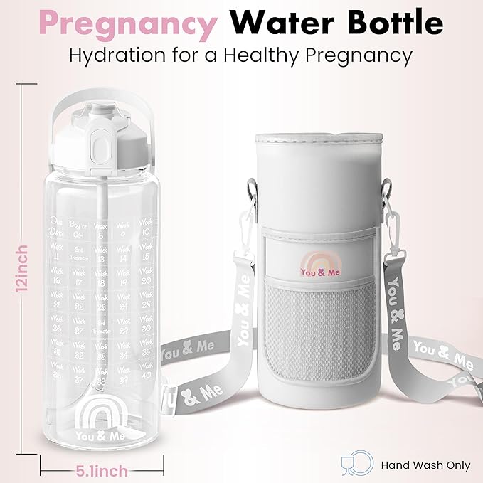 You & Me Pregnancy Water Bottle – 64oz Hydration Tracker with Milestone Stickers, Covered Straw Lid – Essential Gifts for Expecting Moms, BPA-Free, Includes Storage Sleeve