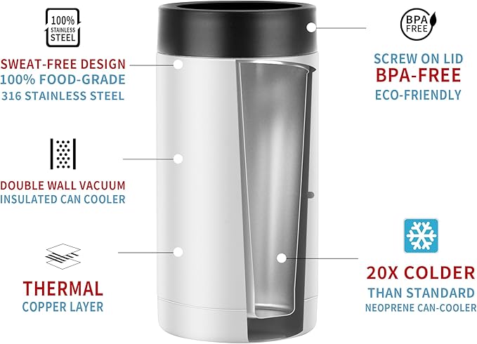 16oz Double wall Stainless Steel Insulated Can Cooler, Bottle or Tumbler for Slim Beer & Hard Seltzer Cans, Beer Bottle Holder (White)