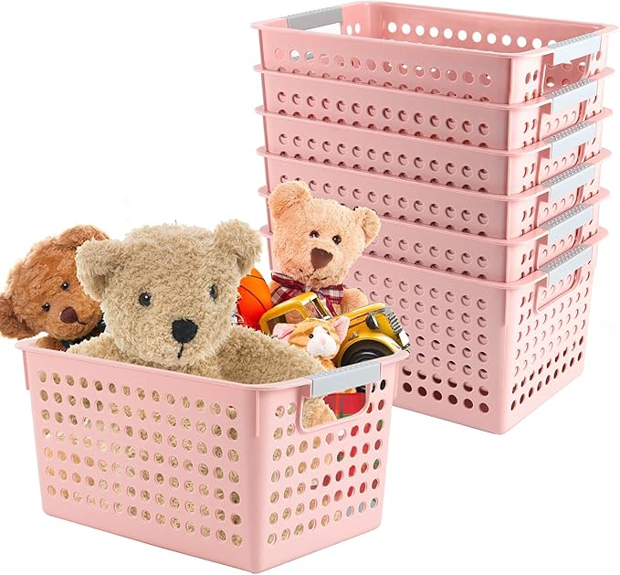 7 Pack 10.7 x 7.5 x 5.6 Inch Pink Plastic Storage Baskets, Stackable and Strong Decorative Woven Plastic Containers with Handles, Weaving Organizing Basket for Kitchen, Kids Room, Office