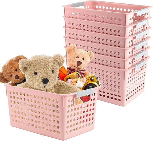 7 Pack 10.7 x 7.5 x 5.6 Inch Pink Plastic Storage Baskets, Stackable and Strong Decorative Woven Plastic Containers with Handles, Weaving Organizing Basket for Kitchen, Kids Room, Office