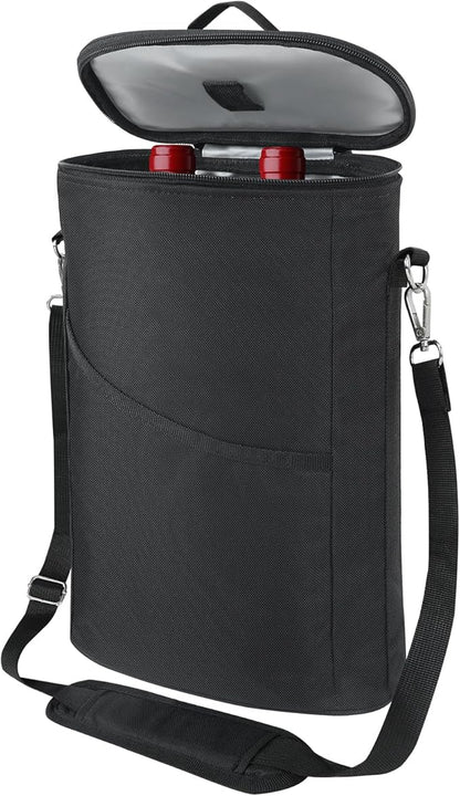 2 Bottle Wine Cooler Bag, Leakproof Insulated Padded Wine Gift Tote Carrier with Handle and Adjustable Shoulder Strap, for Travel, Wine Tasting, Party, Christmas Gift for Wine Lover - Black