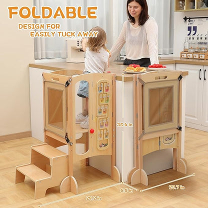 Toddler Tower, Foldable Toddler Kitchen Stool Helper with 2 Step Stool, Wooden Toddler Stool with Safety Net, Adjustable Height, Chalk-Whiteboard& Montessori Activity Games