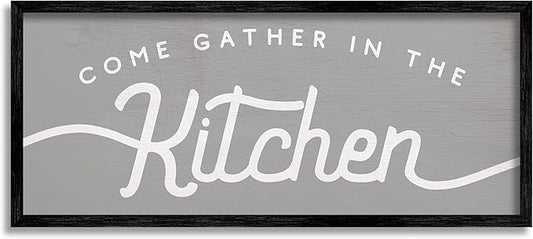 Stupell Industries Gather in The Kitchen Sign Rustic Family Phrase, Designed by Daphne Polselli Black Framed Wall Art, 10 x 24, Grey