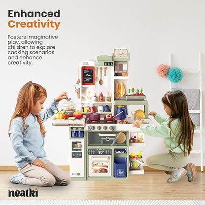 88-Piece Kids Kitchen Playset: 27.16 x 10.62 x 36.61 Inches, Interactive Features, Realistic Design, and Educational Fun for Ages 3 and Up (Avocado Ash 88)