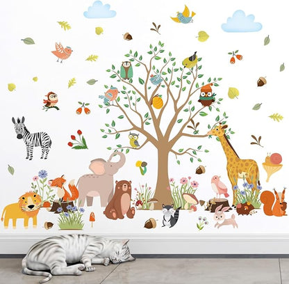 AM AMAONM Removable Jungle Animals Fox Deer Elephant Birds Lion Wall Decals DIY Tree and Leaves Wall Sticker Peel and Stick Home Wall Art Decor for Kids Baby Boys Nursery Bedroom Classroom (39143)