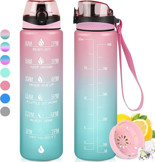 ZOMAKE 32oz Motivational Water Bottle with Times to Drink,Time Marker & Removable Strainer,Fast Flow,Leakproof Tritan BPA Free Non-Toxic Water Jug for Fitness,Gym,Sports…