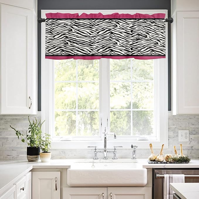 Valance Curtains for Kitchen Window, Animal Zebra Print Rod Pocket Valances Window Treatments Black White Pink Short Curtains for Bedroom/Living Room,54" X 18" -1 Panel,