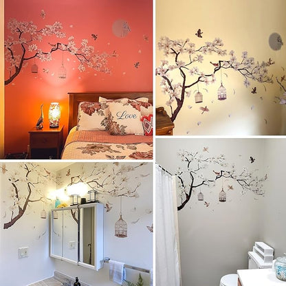 Chinese Style White Flowers Black Tree and Flying Birds Wall Stickers Removable DIY Wall Art Decor Decals Murals for Offices Home Walls Bedroom Study Room Wall Decaoration, 50inchx74inch