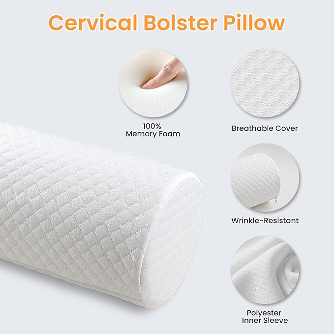 Neck Pillow for Sleeping, Cervical Pillow with Washable Zippered Cover, Cervical Round Pillow for Support with Breathable Cover, Home Office Travel Cylindrical Bolster for Bed, Legs, Back and Yoga