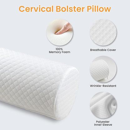 Neck Pillow for Sleeping, Cervical Pillow with Washable Zippered Cover, Cervical Round Pillow for Support with Breathable Cover, Home Travel Cylindrical Bolster for Bed, Legs, Back and Yoga (White)