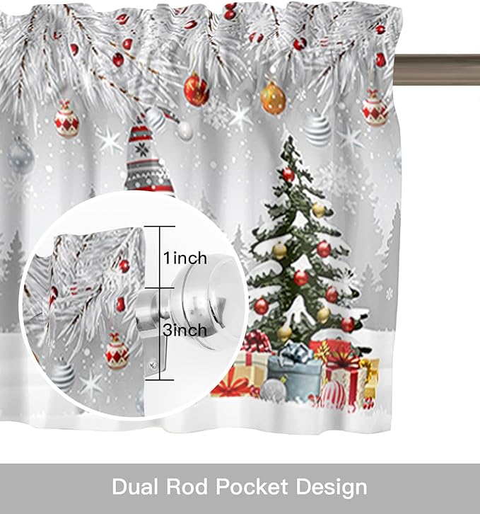 Vandarllin Christmas Gnome Kitchen Curtains and Valances Set, Winter Merry Christmas Tree Balls Windows Treatments Tiers Half/Short Curtains for Small Windows Cafe/Living Room/Bedroom 54x24 in Grey