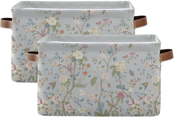 Vintage Floral Leaves Bloom Gray Storage Basket Fabric Kitchen Baskets Pastel Colors Spring Flowers Birds Open Home Storage Bins Boxes Foldable Organizer Bag for Toy Book Shelf 16×12×8 Inches