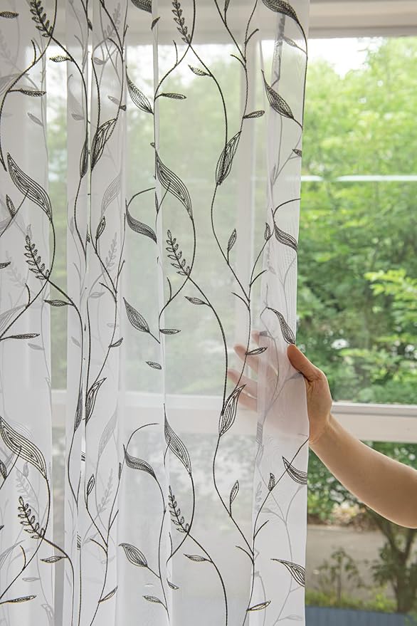 Windows Sheer Curtains Embroider Grey Leaf 63 Inches Length 2 Panels Voile Light Filtering Sheer Curtains Panel Basic Rod Pocket Sheer for Bedroom Living Room Children Room Kitchen Yard