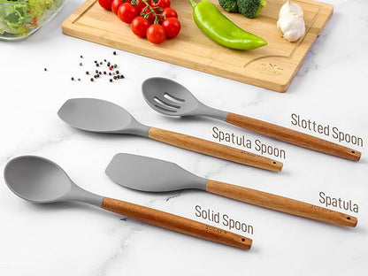 Zulay (8 Piece) Silicone Kitchen Utensils Set For Cooking - Non-Stick Silicone Cooking Utensils Set With Acacia Wood Handle - Heat Resistant Spatula Set - Flexible Silicone Kitchen Set