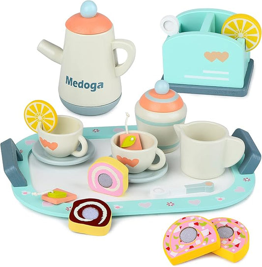 Wooden Tea Set toy Play Kitchen Accessories for Kids Pretend Play Food for Toddlers Tea Party Set for 3, 4, 5 Year Old Girls and Boys (Tea Set)