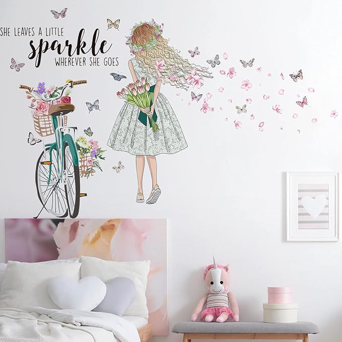 Bike Girl Wall Stickers Flower and Butterfly Wall Art Decal DIY Peel and Stick Motivational Quotes Wall Sticker for Home Decor Living Room TV Sofa Background Bathroom Girls Kids Bedroom Office Kitchen (B)