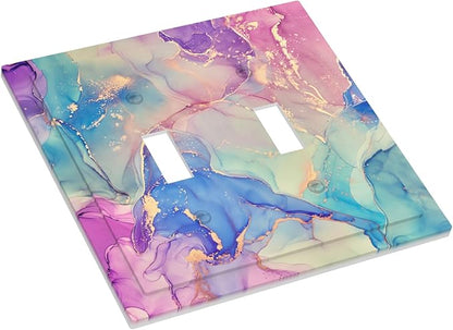 Abstract Multicolored Marble Double Toggle Light Switch Covers 2 Gang Wall Plate Dual Decorative Switchplate Electrical Faceplate for Bathroom Country Kitchen Bedroom Decor, 4.9" x 5"