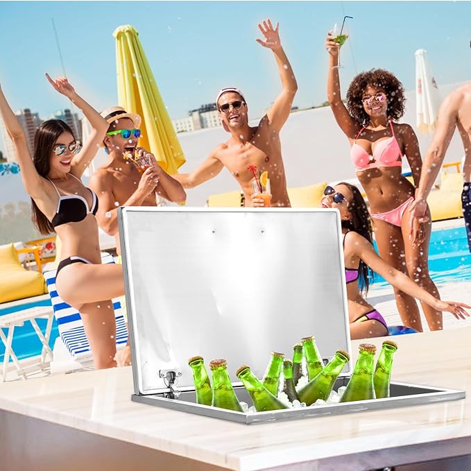 Upgraded Drop in Ice Chest, Stainless Steel Ice Cooler, Commercial Ice Bin with Cover, Outdoor Kitchen Ice Bar, Drain-Pipe and Drain Plug Included, for Cold Wine Beer