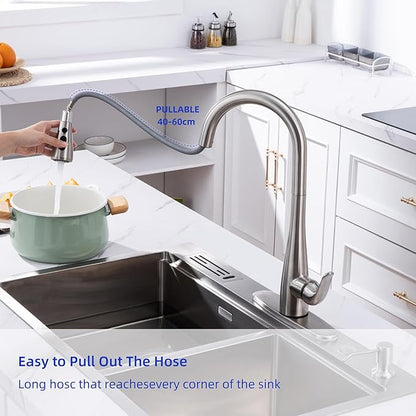 Touch on Kitchen Faucet with Soap Dispenser and Pull Down Sprayer - Single Handle Kitchen Sink Faucet, 1 or 3 Hole Design for Modern Farmhouse Kitchens, Rv, and Bar Sinks(Brushed Nickel)