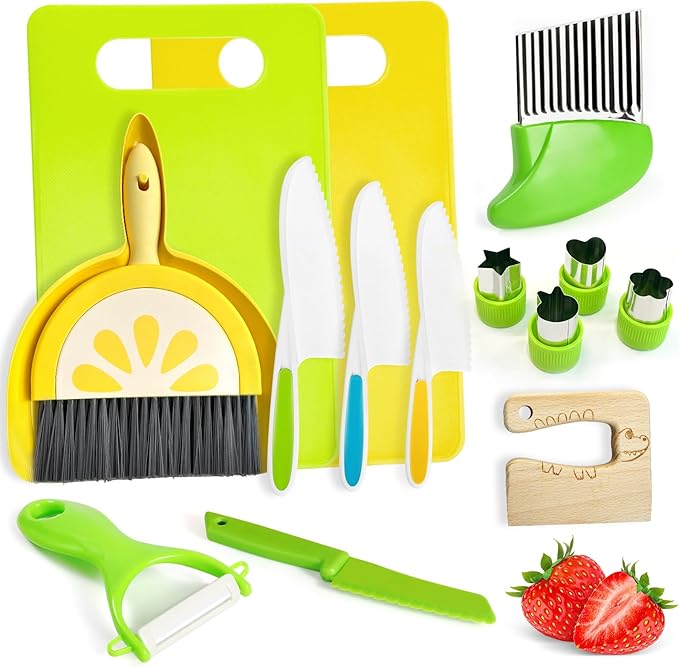 15 Pcs Montessori Kitchen Tools for Toddlers Kids Cooking Sets Safe Knife Set for Real Cooking Include Toddler Knives Cutting Boards Sandwich Cutters Peeler Dustpan Broom for Birthday