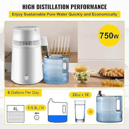 Vevor Pure Water Distiller 750W, Purifier Filter Fully Upgraded with Handle 1.1 Gal /4L, BPA Free Container, Perfect for Home Use, White