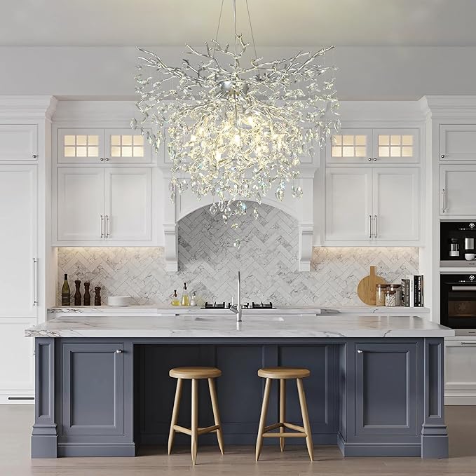 32 in Crystal Chandelier for Dining Room, Round Silver Tree Branches Chandeliers, Top K9 Crystal Chandelier, Modern Chandeliers for Kitchen,Foyer Entryway,Luxury Adjustable Hanging Chandelier