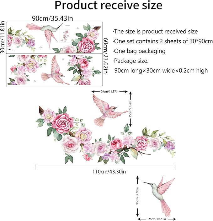 Elegant Flower & Bird Wall Decals - 2 Sheets, Perfect for Home Decor, 90cm x 30cm