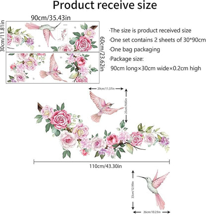 Elegant Flower & Bird Wall Decals - 2 Sheets, Perfect for Home Decor, 90cm x 30cm