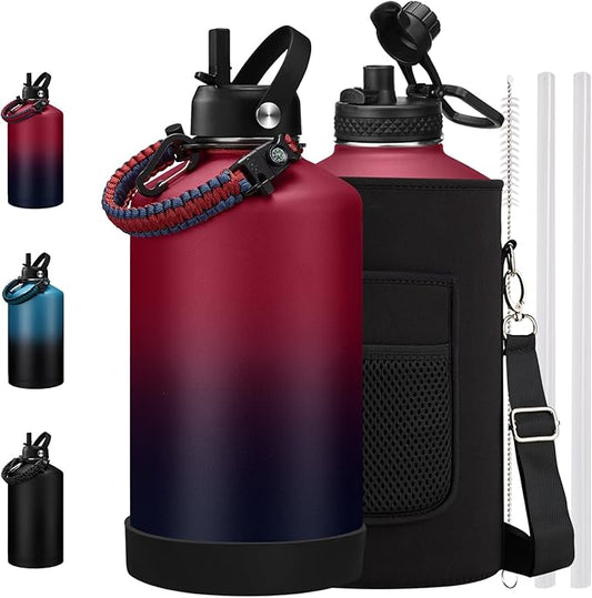 1 Gallon Insulated Water Jug with Straw - Auto Chug Lid, Bottle Carrier Bag, Paracord Handle, 128oz Stainless Steel Water Bottle Keep Hot 24H & Cold 48, Large Water Canteen Jug for Sports Work