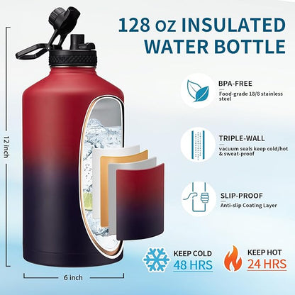 1 Gallon Water Bottle with Straw - 128oz Stainless Steel Water Jug with Sleeve Carrier Bag, Auto Spout Lid, Paracord Handle, Large Insulated Water Bottles Gallon Water Jug, Metal Hydro Thermo Flask