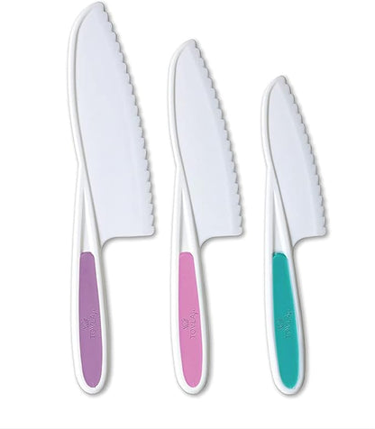 Tovla Jr. Knives for Kids 3-Piece Kitchen Baking Knife Set: Montessori Children's Real Cooking Knives in 3 Sizes & Colors/Firm Grip, Serrated Edges, BPA-Free Kids' Toddler Knives (colors vary)