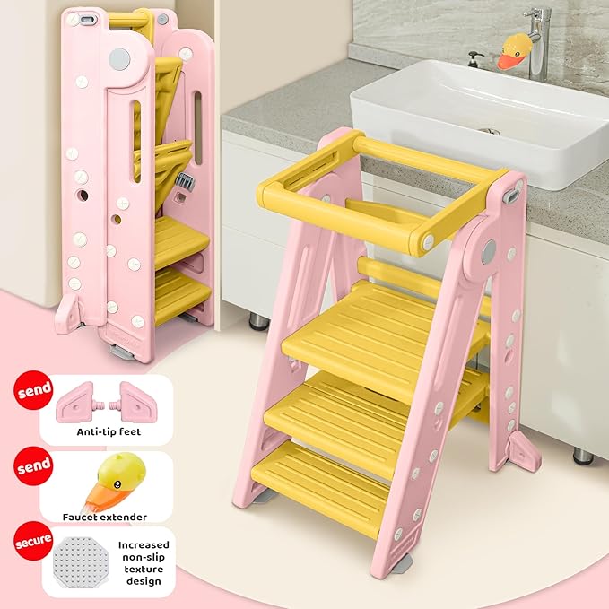 UNCLE WU Foldabel Toddler Tower, Safety Rail, 2-3 Step Adjustable Ladder- Heavy Duty Safety Toddler Step Stool for Bathroom Sink & Kitchen Stool -Ages 18 Months to 4 Years （Pink）