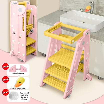 UNCLE WU Foldabel Toddler Tower, Safety Rail, 2-3 Step Adjustable Ladder- Heavy Duty Safety Toddler Step Stool for Bathroom Sink & Kitchen Stool -Ages 18 Months to 4 Years （Pink）