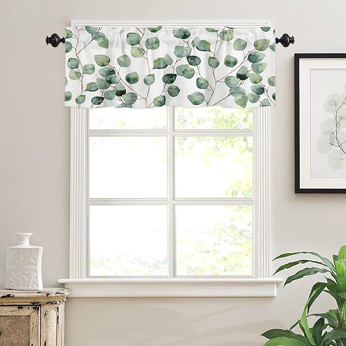 Watercolor Eucalyptus Vine leaves Valance Curtains for Windows-Summer Green White Rod Pocket Window Topper Treatments Simi Sheer Short Curtains for Kitchen Bedroom Living Room,54" X 18" -1 Panel,