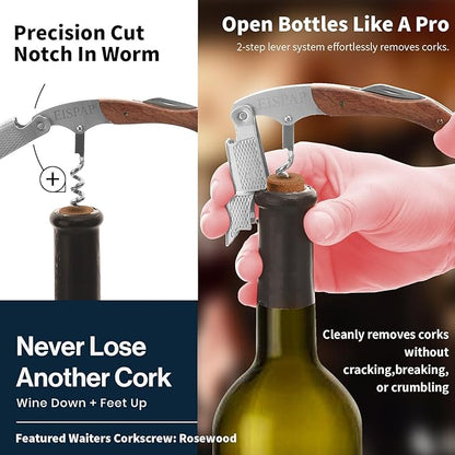 Wine Opener - Professional Corkscrew Wine Opener with Foil Cutter & Cap Remover - Double Hinged Wine Bottle Opener - Manual Wine Key for Servers, Waiters, Bartenders & Home Use - Rosewood